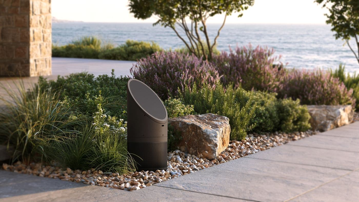 Coastal Source 1000 Series bollard speaker on a seaside terrace