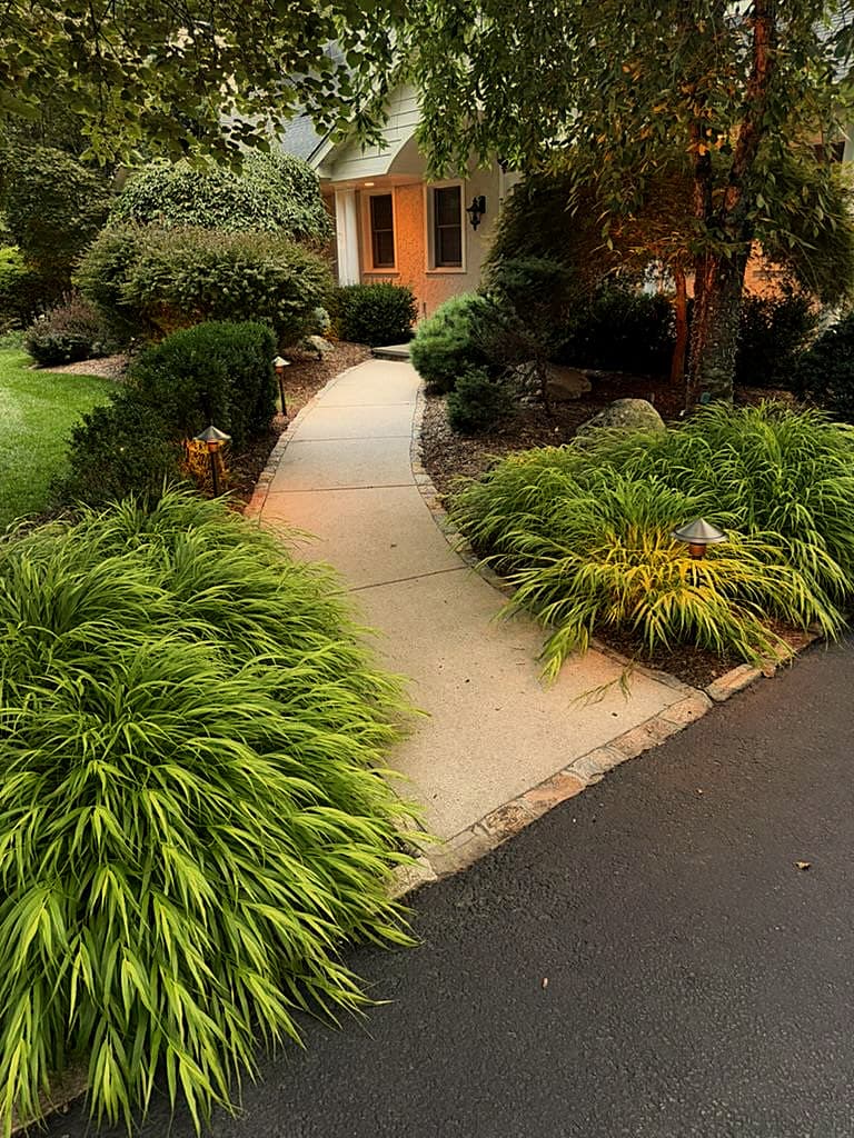 Front walk and terrace lighting scene — evening