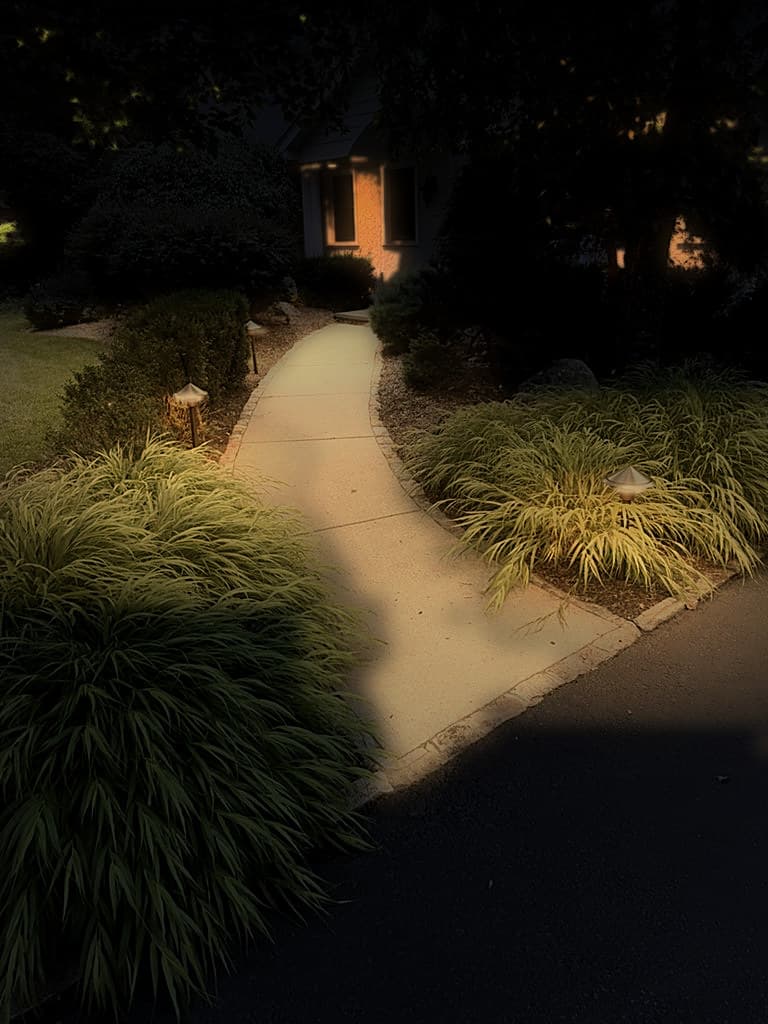 Front walk and terrace lighting scene — night