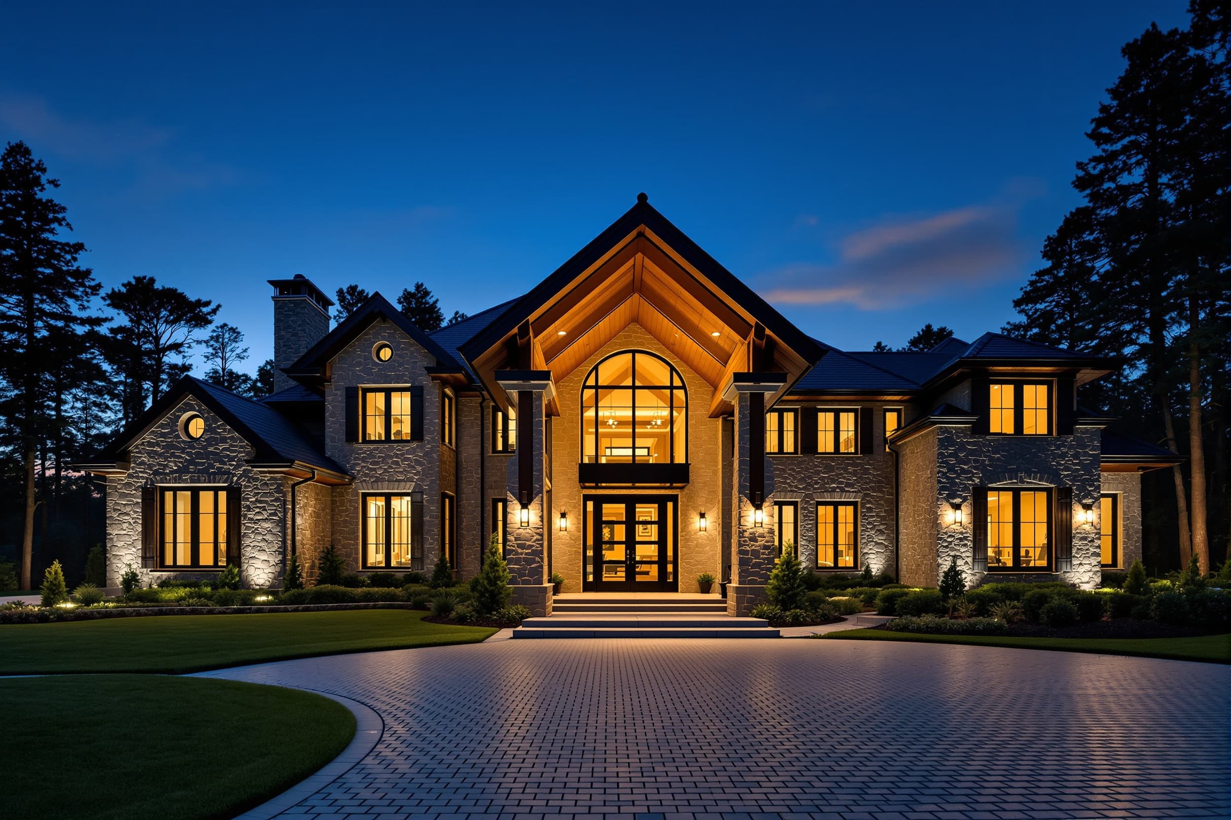 Luxury estate at blue-hour dusk with warm interior lighting — protected by Deep Sentinel AI-verified live monitoring, integrated by Cave Group